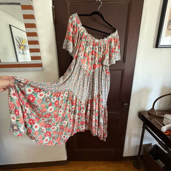 EASEL | Boho Floral Off-Shoulder Mixed Print Tiered Swing Midi Dress | Small - Picture 2 of 7